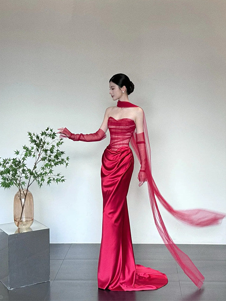 Red Sheath Satin Evening Dress Elegant Birthday Dress   P775