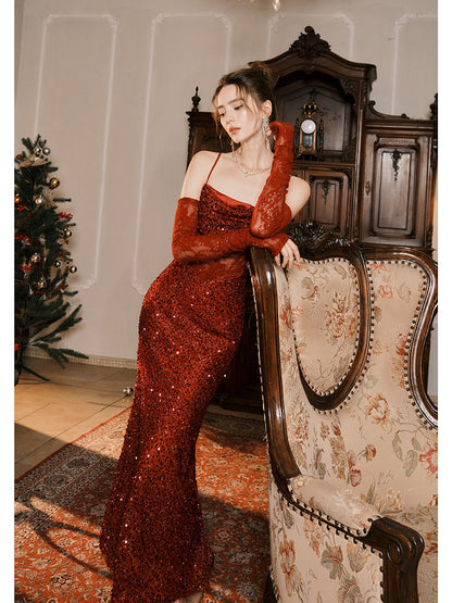 Red Sheath Sequins Prom Dress Sexy Birthday Dress with Gloves  P941