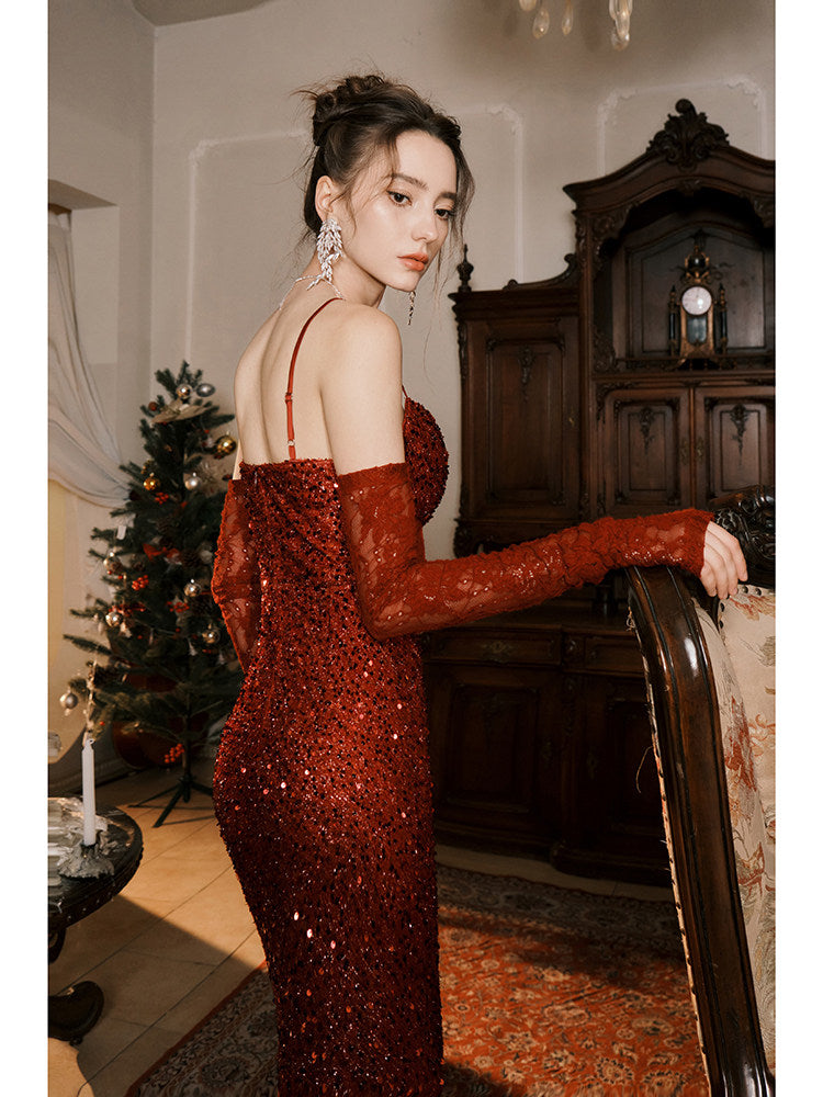 Red Sheath Sequins Prom Dress Sexy Birthday Dress with Gloves  P941