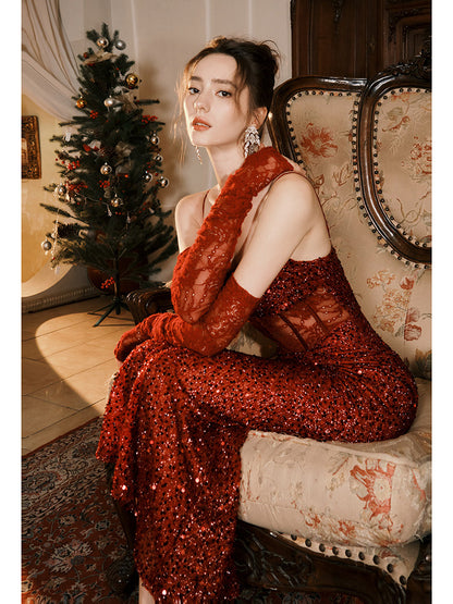 Red Sheath Sequins Prom Dress Sexy Birthday Dress with Gloves  P941