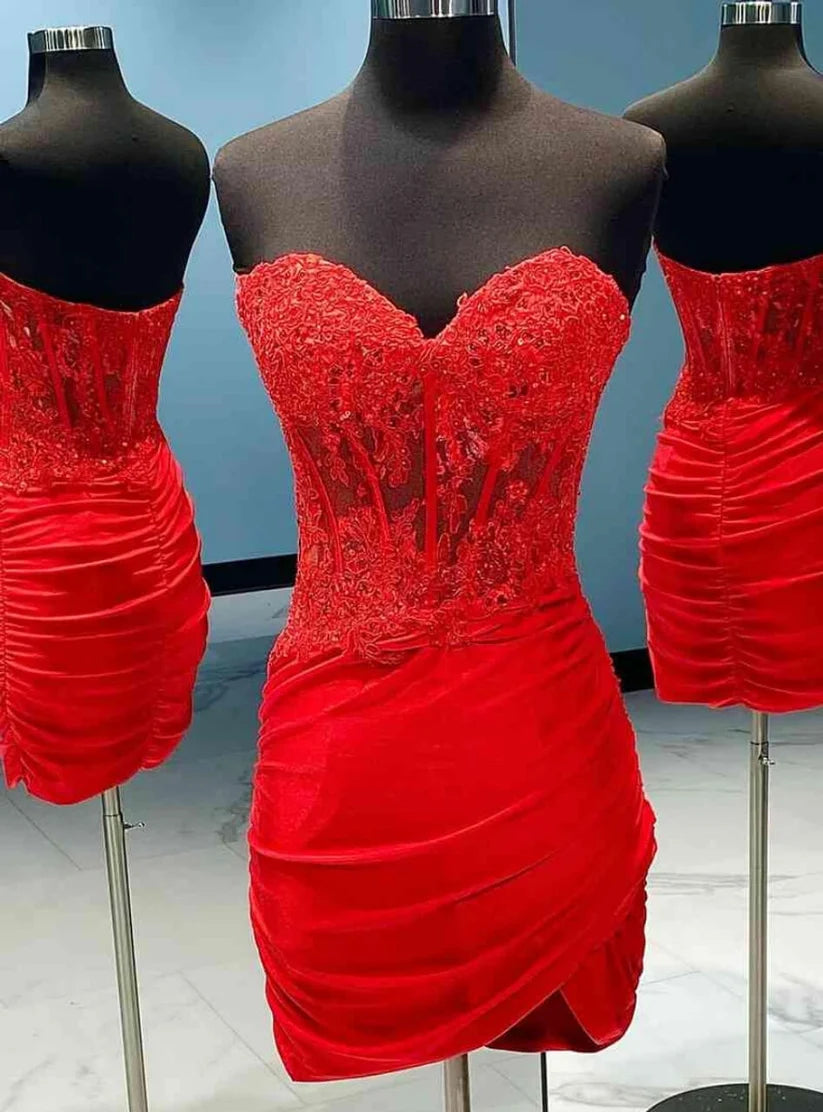Red Strapless Cocktail Dresses Applique Homecoming Dress  P2227