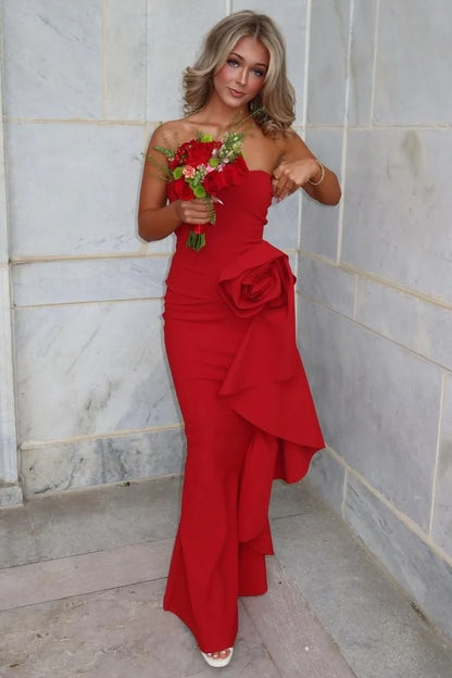 Red Strapless Ruched 3d Satin Long Prom Dress  P2455