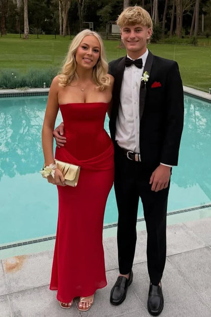 Red Strapless Scoop Neck Long Prom Dress Wedding Guest Dress  P2441