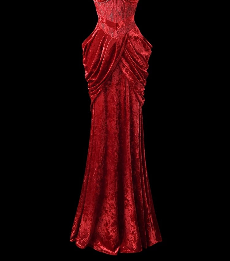 Red Velvet Lace Sheath Prom Dress Sexy Formal Evening Dress  P689