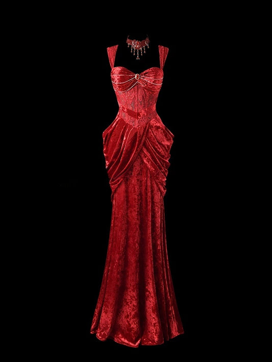 Red Velvet Lace Sheath Prom Dress Sexy Formal Evening Dress  P689