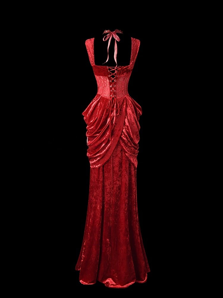 Red Velvet Lace Sheath Prom Dress Sexy Formal Evening Dress  P689