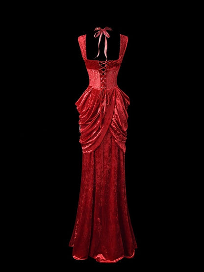Red Velvet Lace Sheath Prom Dress Sexy Formal Evening Dress  P689