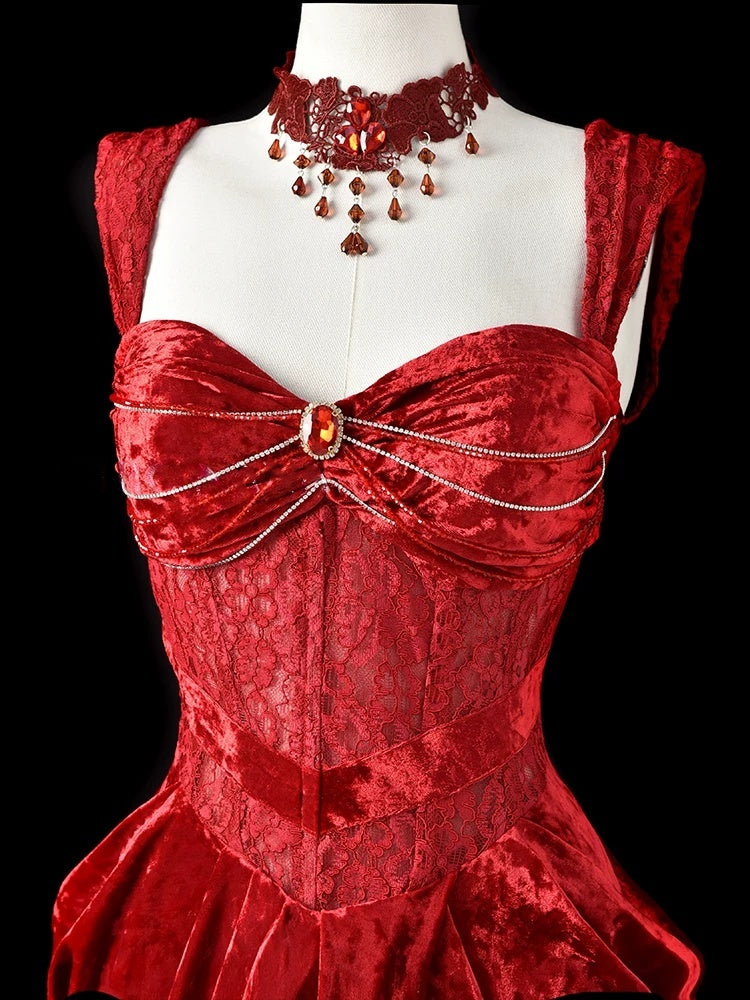 Red Velvet Lace Sheath Prom Dress Sexy Formal Evening Dress  P689