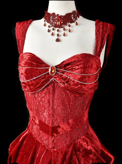 Red Velvet Lace Sheath Prom Dress Sexy Formal Evening Dress  P689