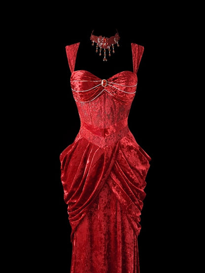 Red Velvet Lace Sheath Prom Dress Sexy Formal Evening Dress  P689