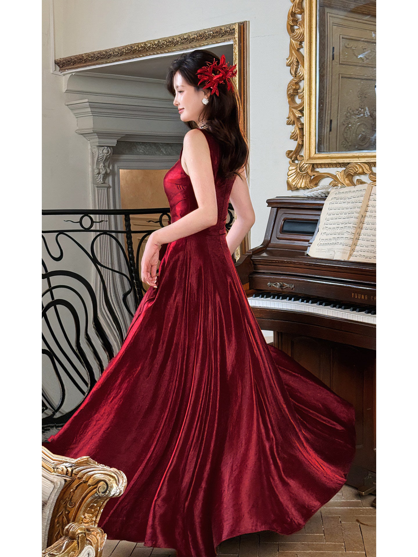 Retro Satin Burgundy A Line Prom Dress Formal Evening Dress  P751
