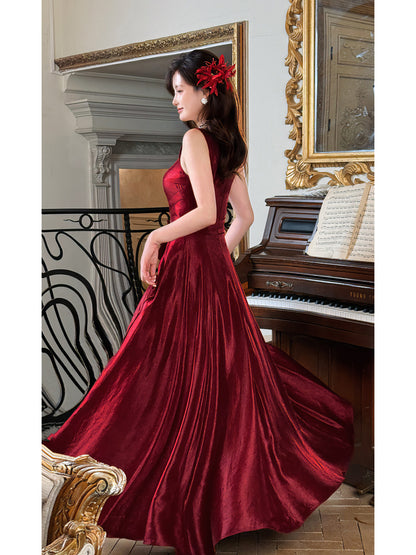 Retro Satin Burgundy A Line Prom Dress Formal Evening Dress  P751