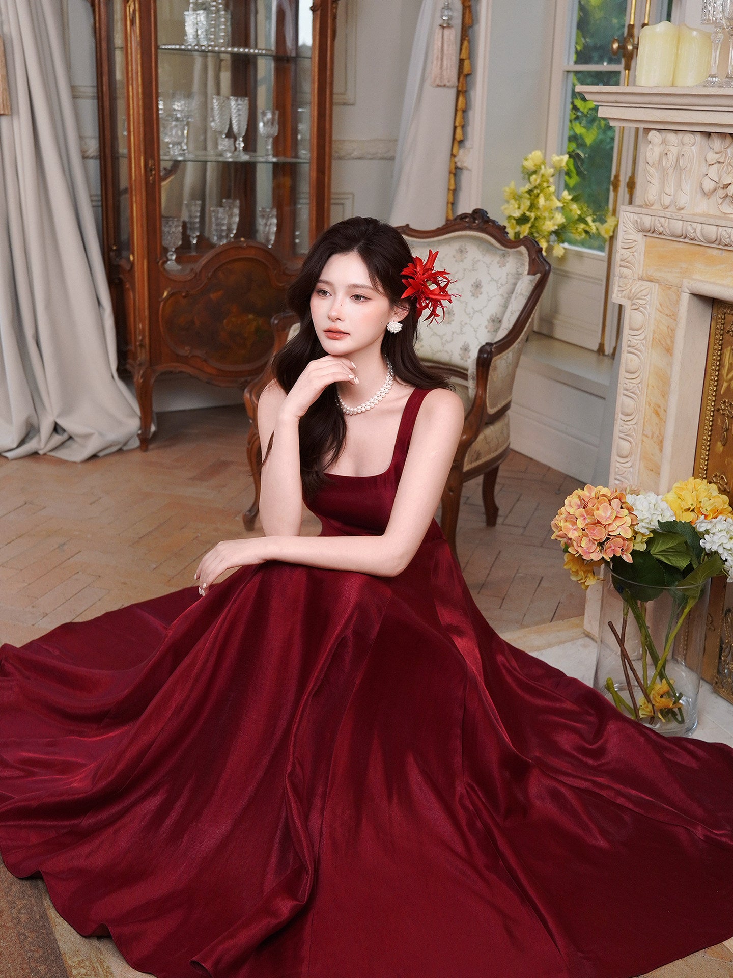 Retro Satin Burgundy A Line Prom Dress Formal Evening Dress  P751