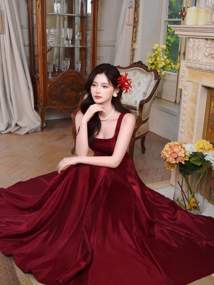 Retro Satin Burgundy A Line Prom Dress Formal Evening Dress  P751