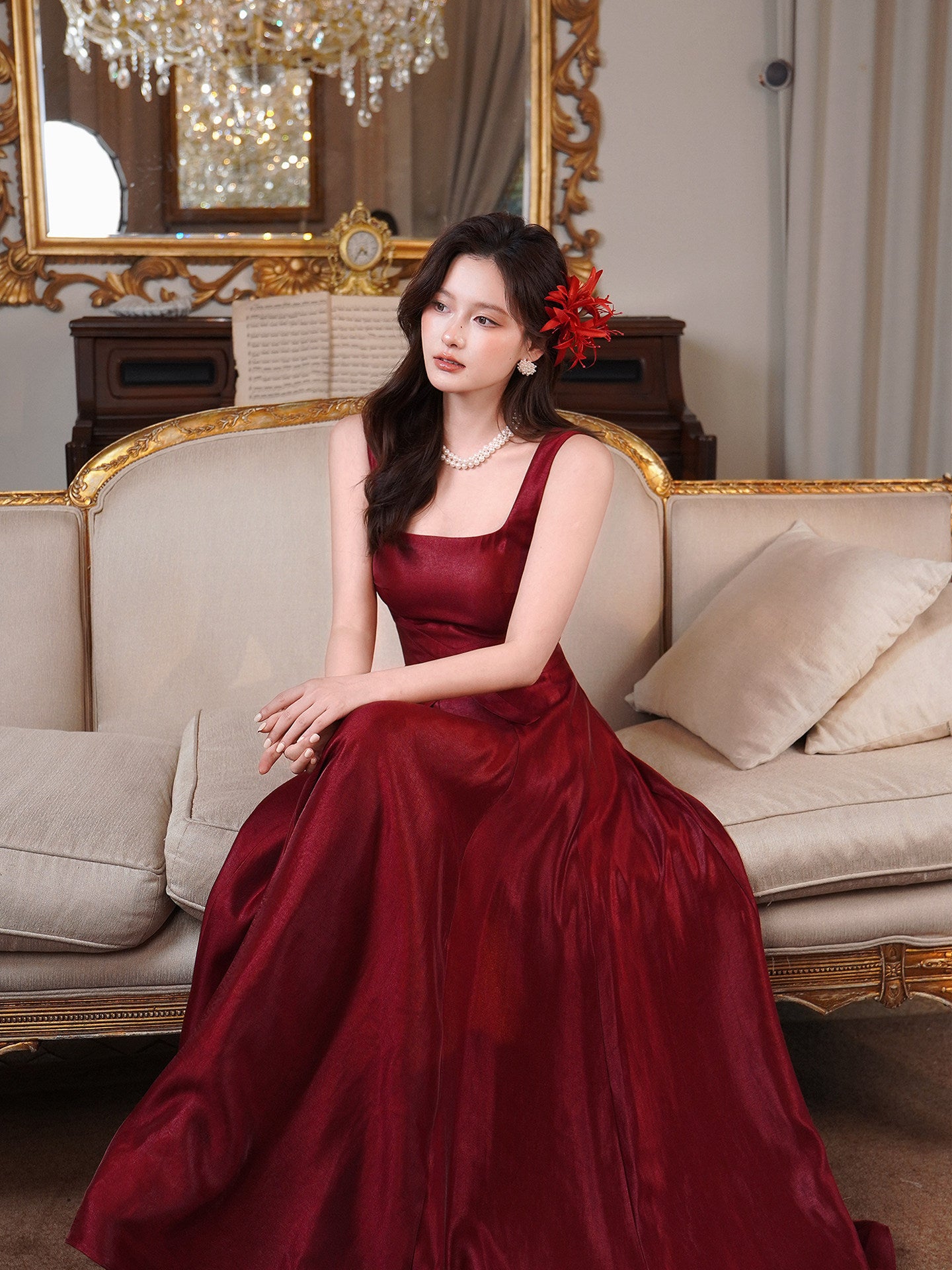 Retro Satin Burgundy A Line Prom Dress Formal Evening Dress  P751
