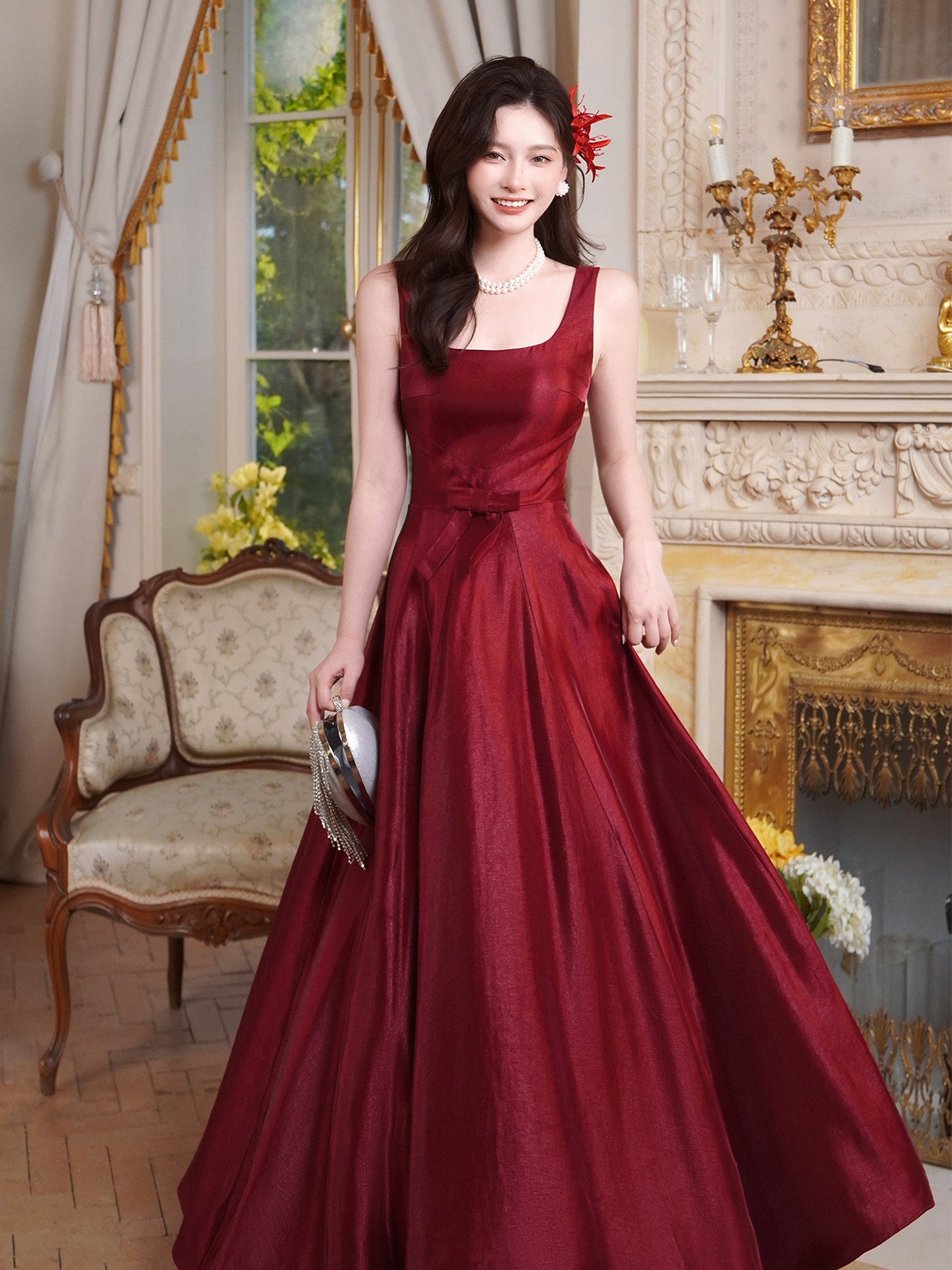 Retro Satin Burgundy A Line Prom Dress Formal Evening Dress  P751
