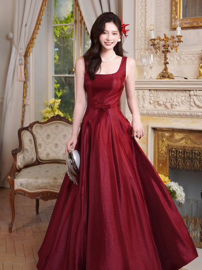 Retro Satin Burgundy A Line Prom Dress Formal Evening Dress  P751