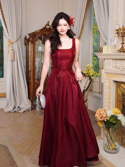 Retro Satin Burgundy A Line Prom Dress Formal Evening Dress  P751