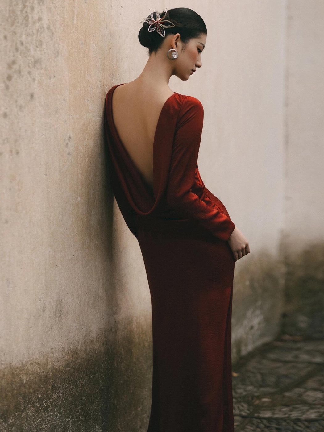 Retro Sheath Red Evening Dress Long Sleeved Formal Dress  P784