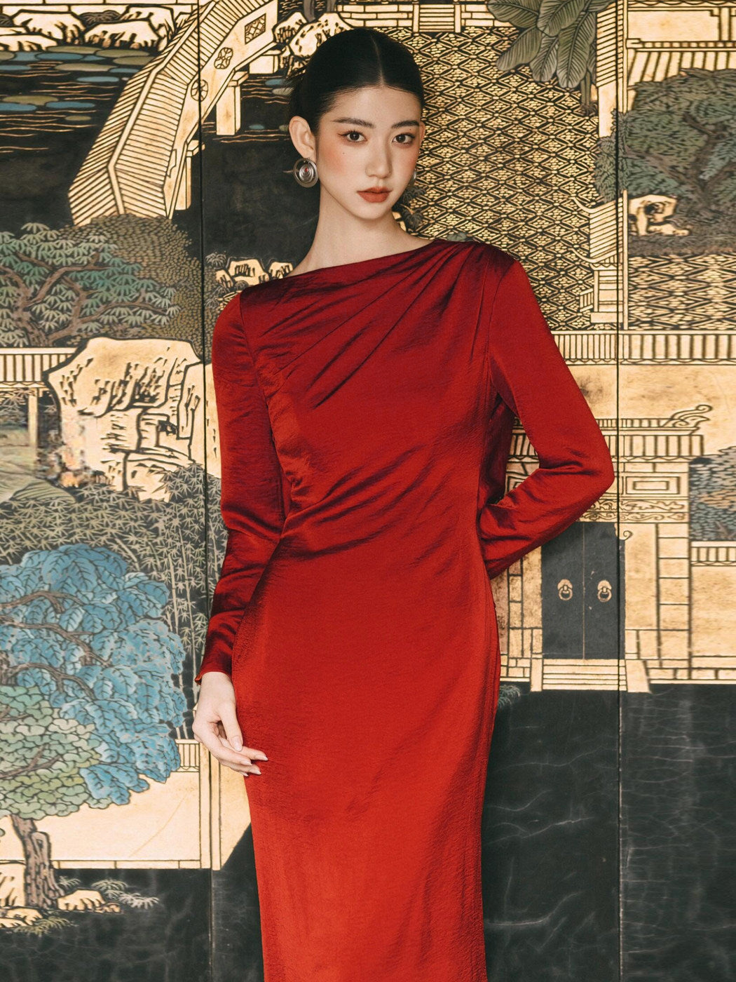 Retro Sheath Red Evening Dress Long Sleeved Formal Dress  P784