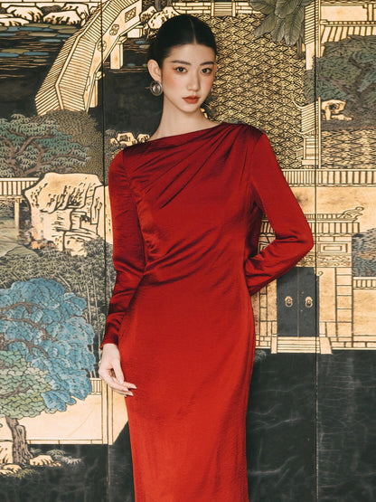 Retro Sheath Red Evening Dress Long Sleeved Formal Dress  P784