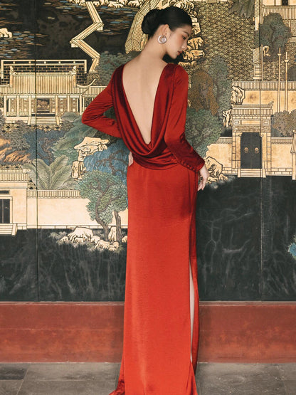 Retro Sheath Red Evening Dress Long Sleeved Formal Dress  P784