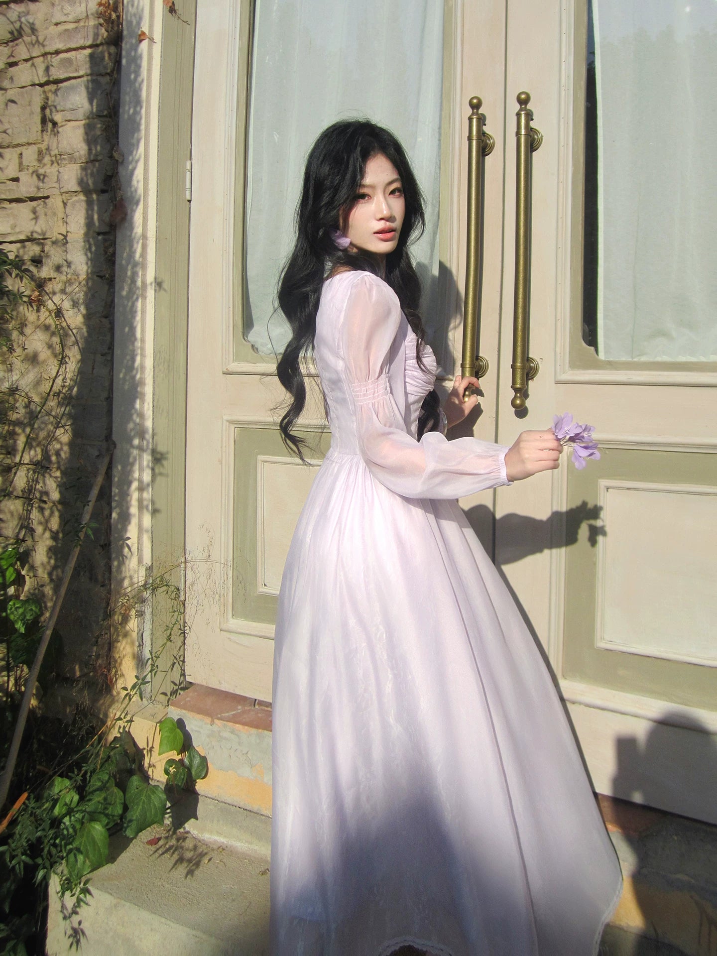 Retro Square Neck Lilac Dress with Long Sleeves L143