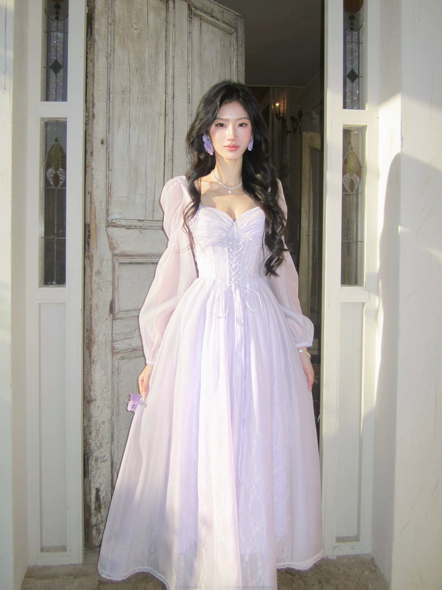 Retro Square Neck Lilac Dress with Long Sleeves L143