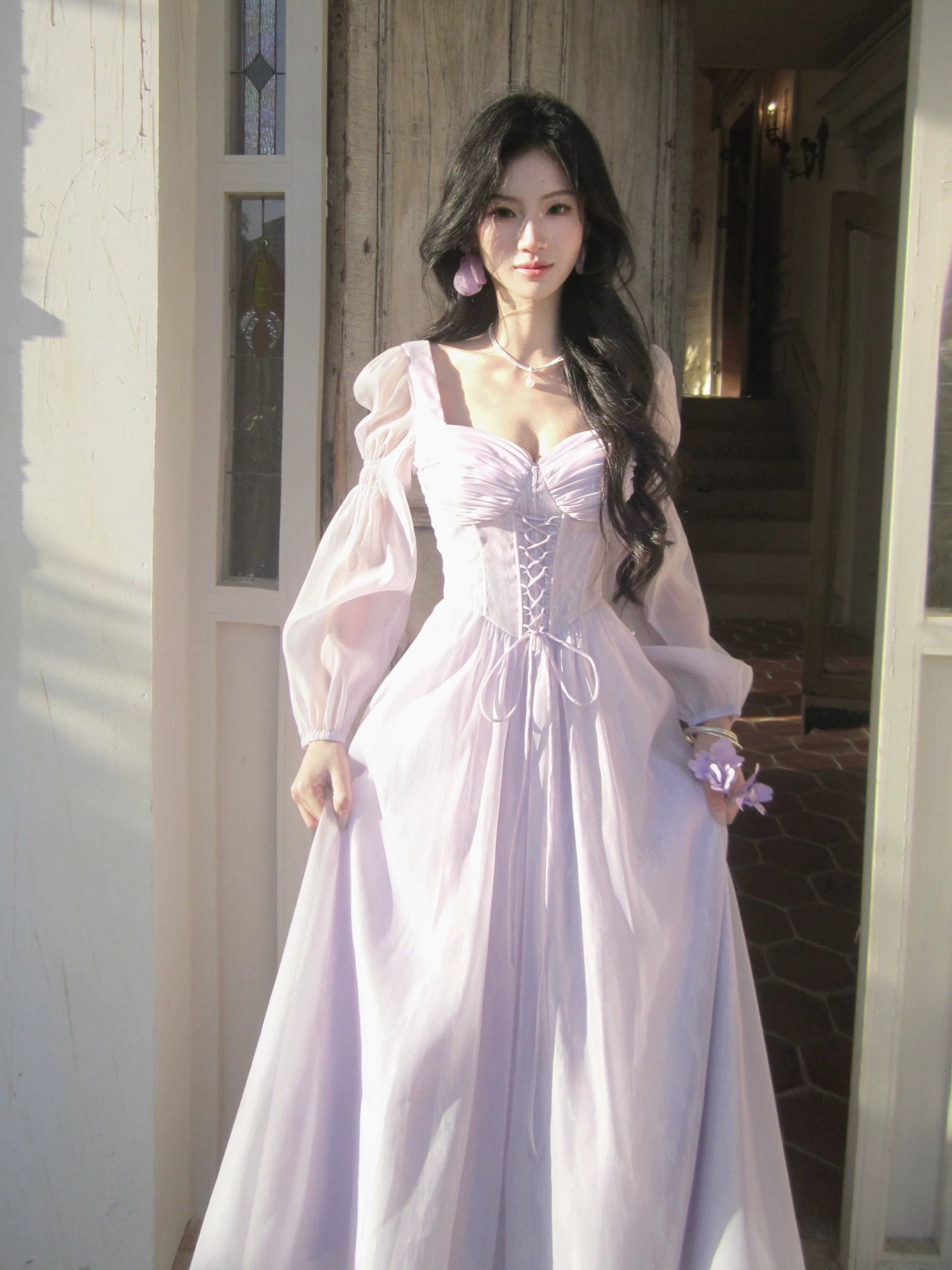 Retro Square Neck Lilac Dress with Long Sleeves L143