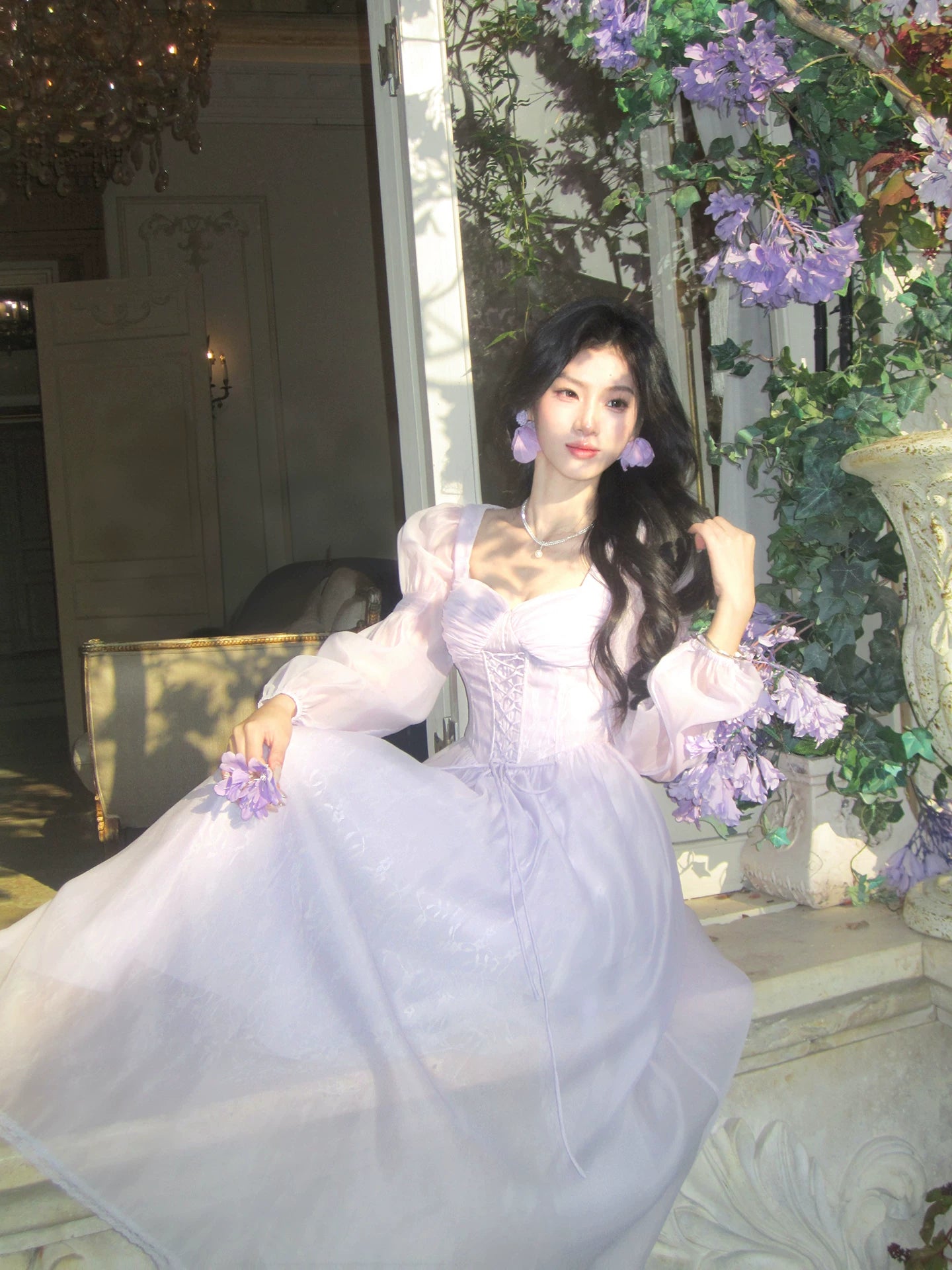 Retro Square Neck Lilac Dress with Long Sleeves L143
