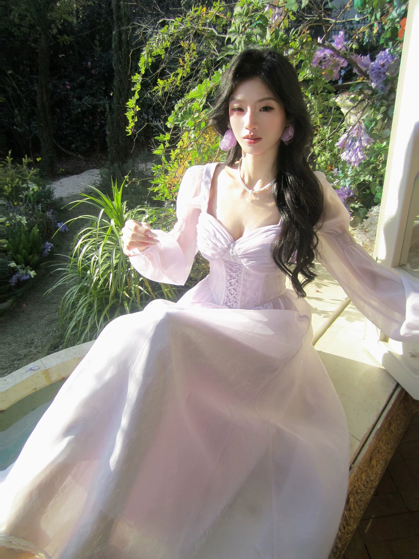 Retro Square Neck Lilac Dress with Long Sleeves L143