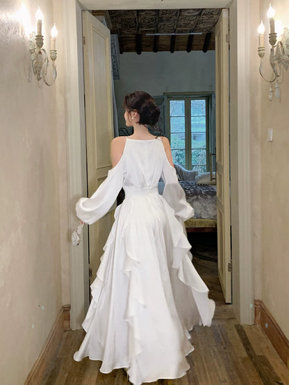 Round Neck A Line Ruffled Wedding Dress Chiffon Evening Dress  P1551