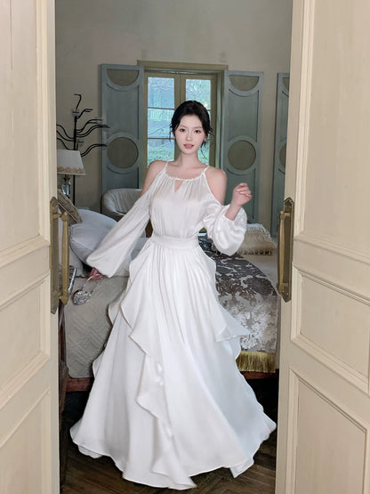 Round Neck A Line Ruffled Wedding Dress Chiffon Evening Dress  P1551