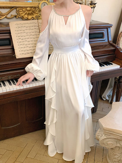 Round Neck A Line Ruffled Wedding Dress Chiffon Evening Dress  P1551