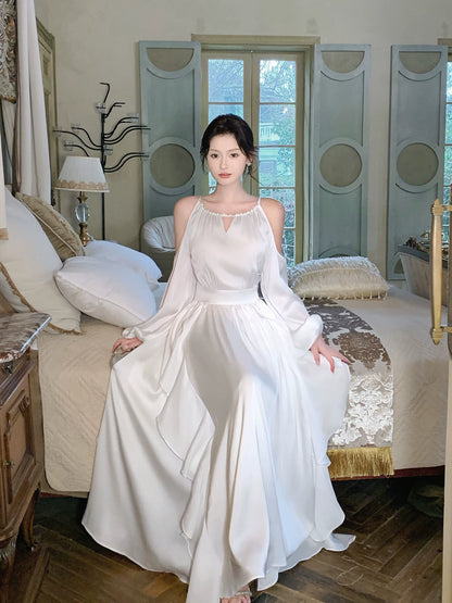 Round Neck A Line Ruffled Wedding Dress Chiffon Evening Dress  P1551
