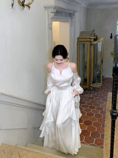 Round Neck A Line Ruffled Wedding Dress Chiffon Evening Dress  P1551