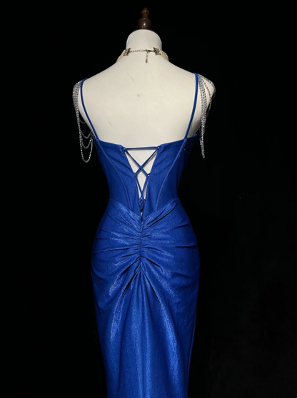 Royal Blue Mermaid Prom Dress Beading Straps Evening Dress P834