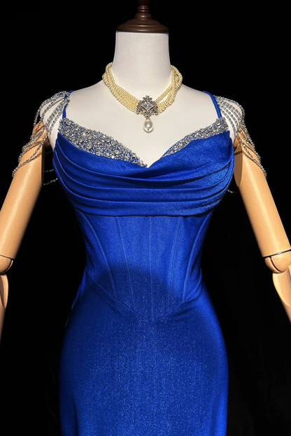 Royal Blue Mermaid Prom Dress Beading Straps Evening Dress P834