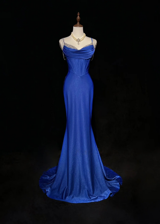 Royal Blue Mermaid Prom Dress Beading Straps Evening Dress P834