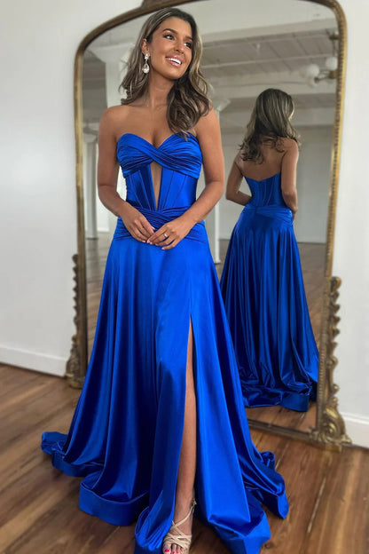 Royal Blue Satin Prom Dress Strapless A-Line Satin Evening Dress  P966