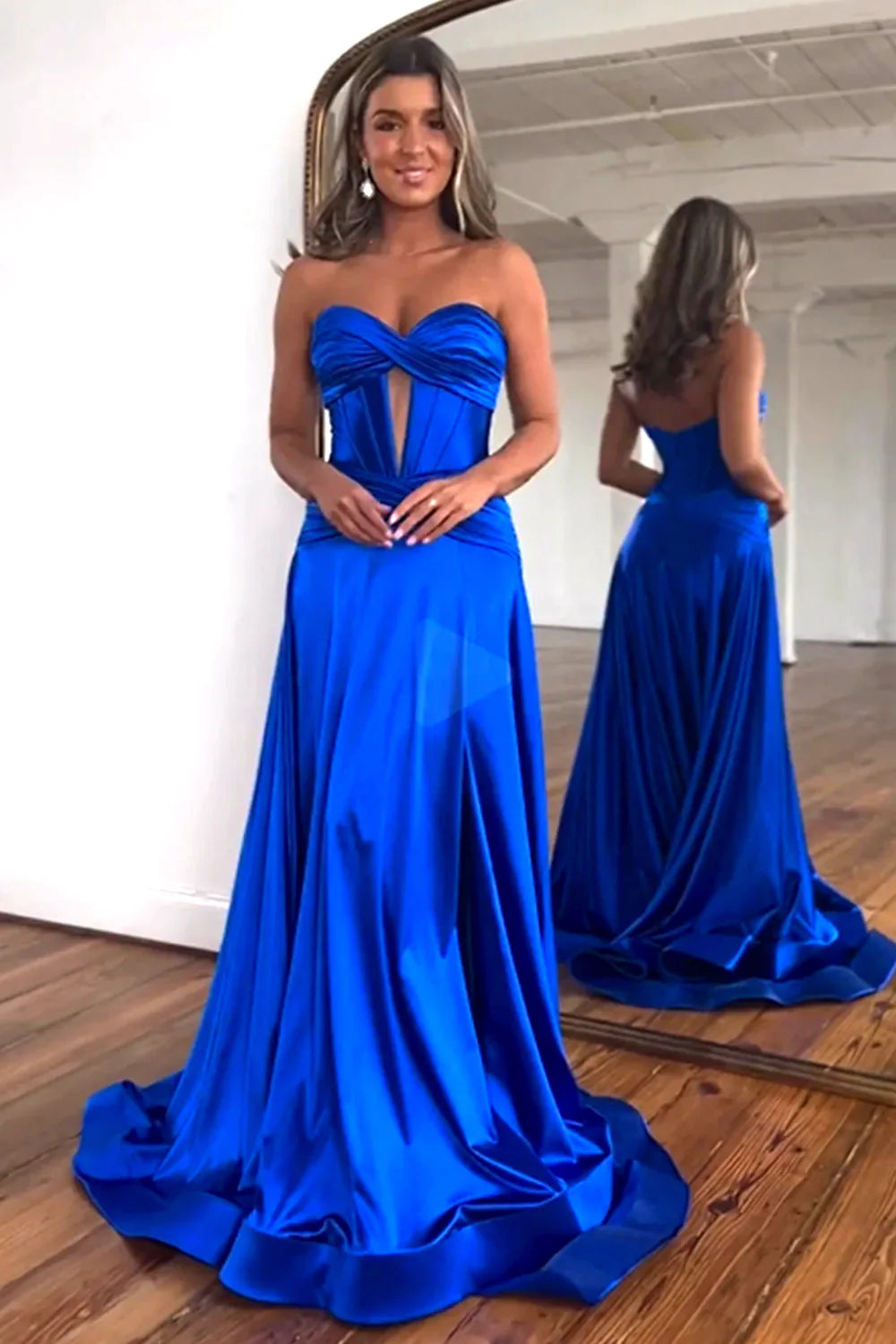 Royal Blue Satin Prom Dress Strapless A-Line Satin Evening Dress  P966