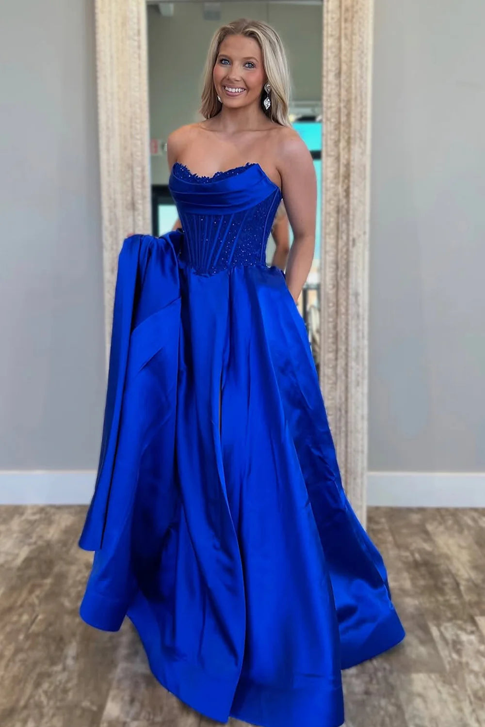 Royal Blue Satin Strapless A-Line Prom Dress  P969