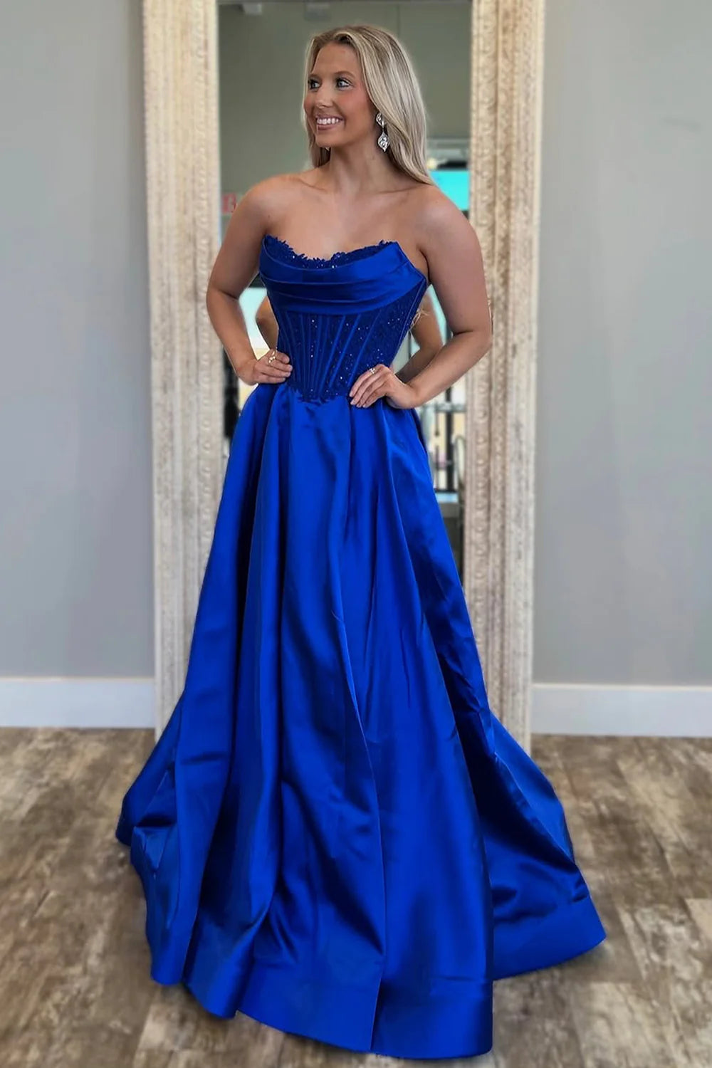 Royal Blue Satin Strapless A-Line Prom Dress  P969