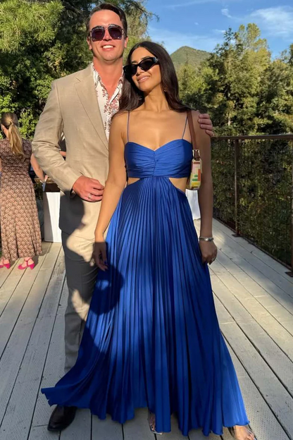 Royal Blue Spaghetti Straps Pleated A-Line Prom Dress Wedding Guest Dress P837