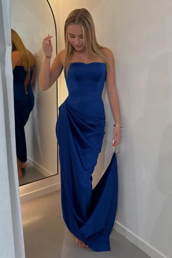 Royal Blue Strapless Satin Formal Prom Dress With Train  P2579