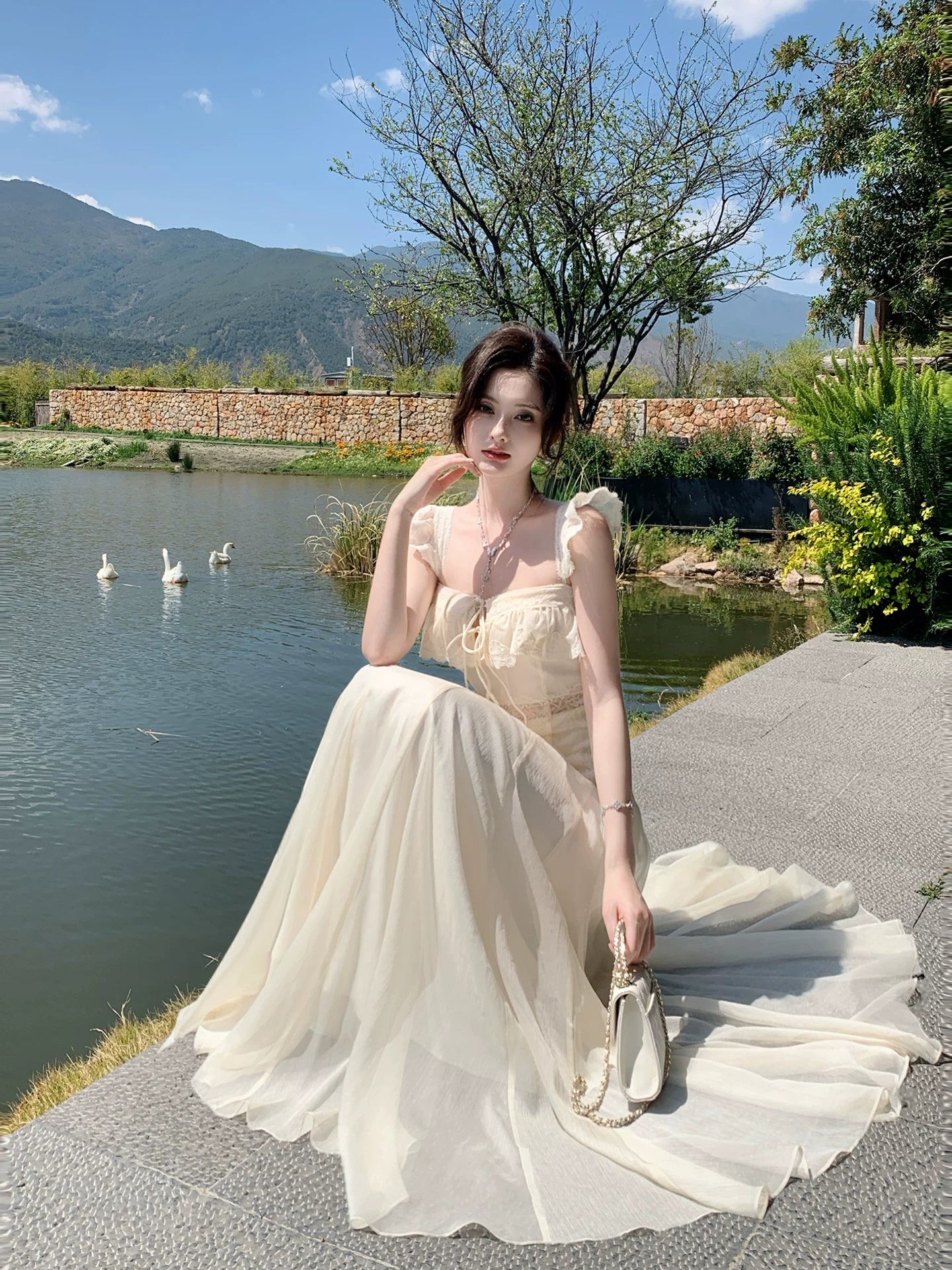 Ruffle A Line Lace Dress Sweet Holiday Dress 2 pcs Set L91