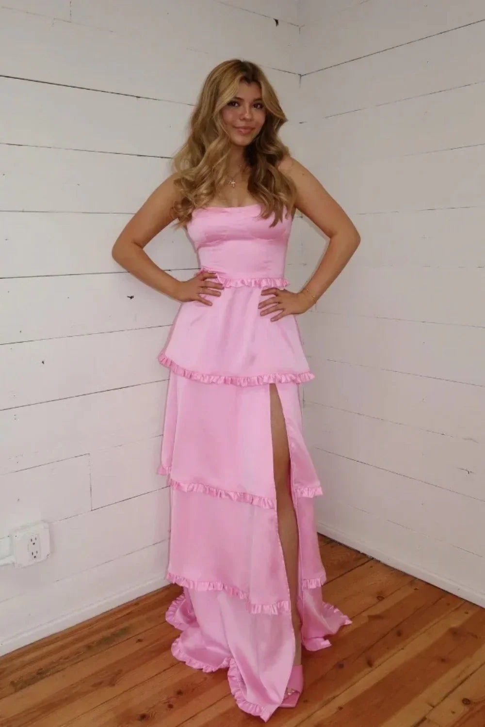 Ruffle A Line Satin Prom Dress With Slit Wedding Guest Dress  P2595