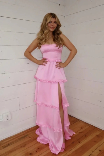 Ruffle A Line Satin Prom Dress With Slit Wedding Guest Dress  P2595