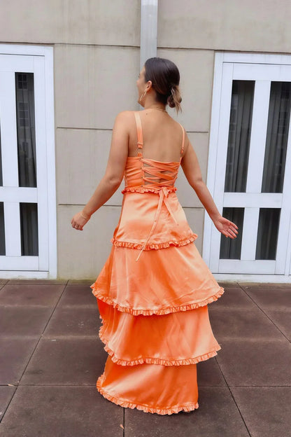 Ruffle A Line Satin Prom Dress With Slit Wedding Guest Dress  P2595