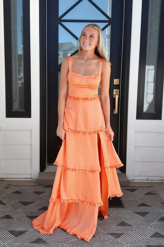 Ruffle A Line Satin Prom Dress With Slit Wedding Guest Dress  P2595